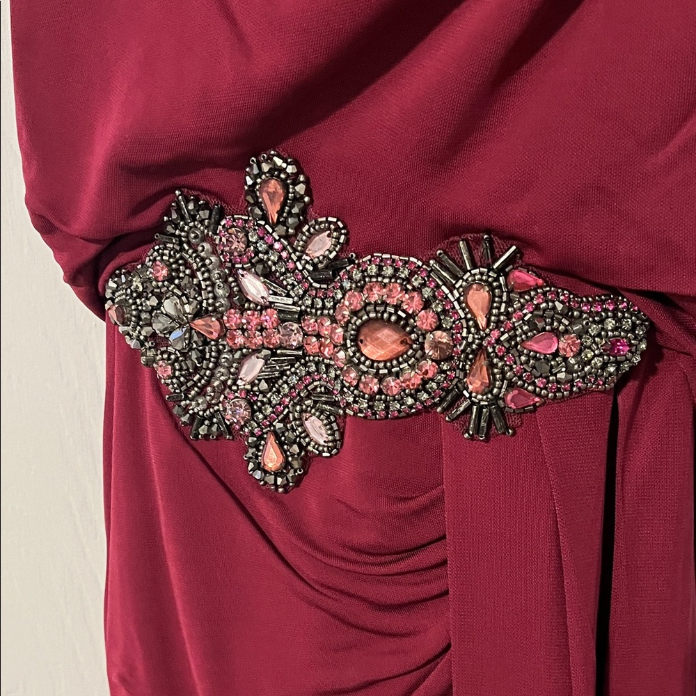 Elegant Burgundy Dress with Embellished Waist